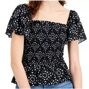 INC International Concepts Women Smocked Blouse Black All Over Print Peplum